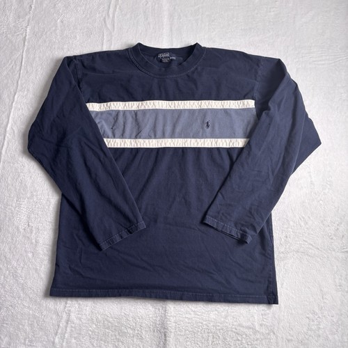 VTG Polo Ralph Lauren Blue Long Sleeve Crew Neck Striped Shirt Men's XL Hole
