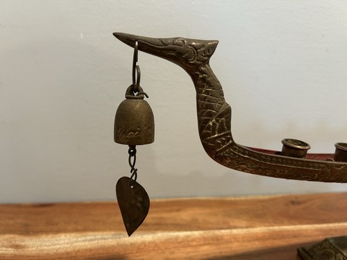 Vintage Brass Cast Supannahong Candlestick Holder Dragon Boat Candlabra 20” Long - Picture 3 of 8