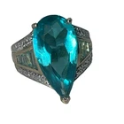 Vintage Sterling Silver 925 Teal Colored Cut Glass Stone overlay  Ring Sz 9