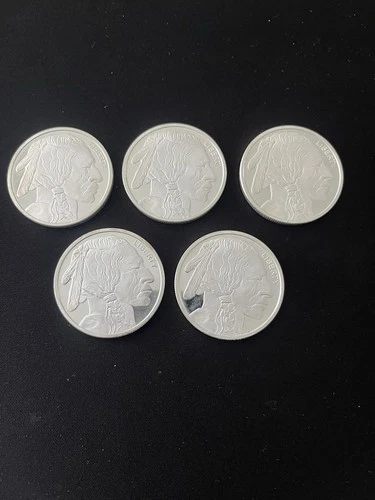 SPOT - Lot of FIVE One Ounce Silver Rounds Buffalo/Indian Head.999 Silver Rounds