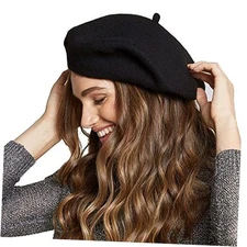 Womens Wool French Beret Chic Solid Beanie Hat Stretchable One Size Solid Black