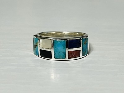 Sterling Silver 8mm Multi Stone Inlay Band Ring
