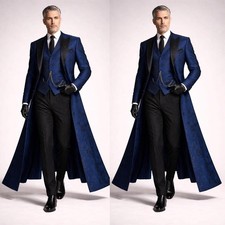 Navy Blue Men Suit Floral Paisley Wedding Groom Tuxedo Party Wear Long Coat 3pcs