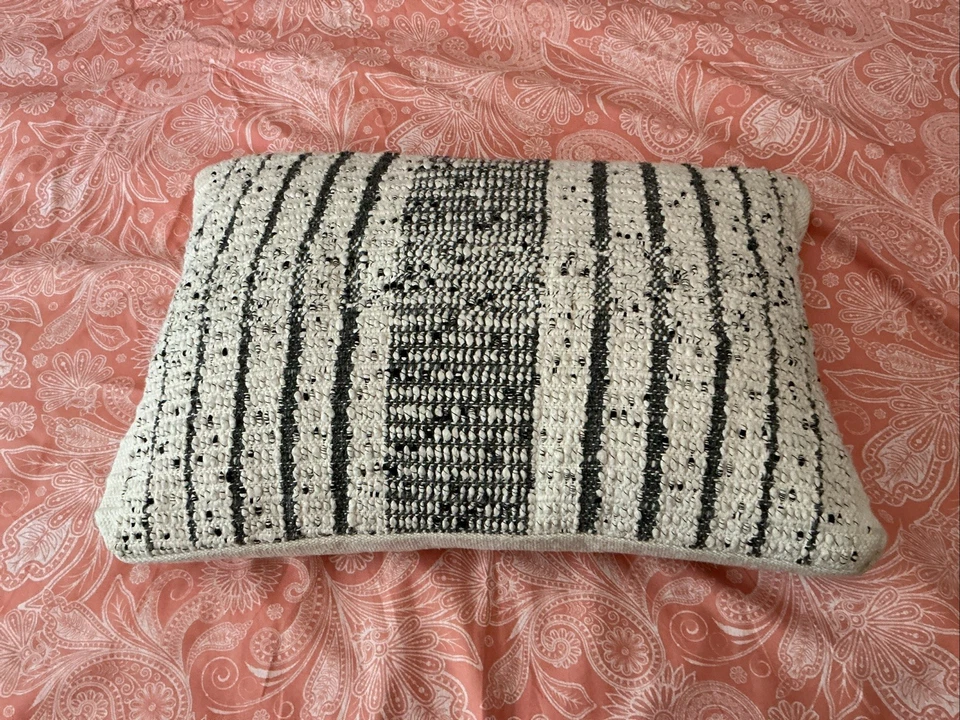 Pottery Barn pillow neutral Grey Black Stripe And Off White W Zipper Rectangle - Image 2 of 4