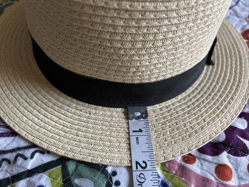 Summer Boater Paper Staw Hat Short Brim Black Ribbon Men Women Sz M/L 55.5cm EUC - Picture 9 of 13