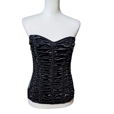 Shirley Of Hollywood M Corset Black Ruched Satin Lace Up Whimsigoth Vtg Regency