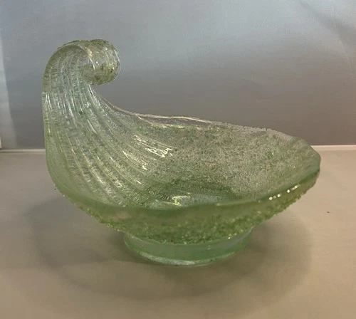 Art Glass Dish Italian Murano Fratelli Toso Green Overshot Frit Scallop Shell