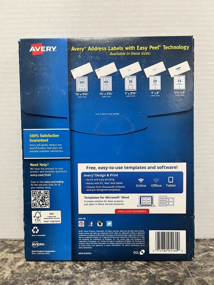 AVERY (5160) Mailing Labels Laser 1"x2 5/8", White 100 Sheets 3000