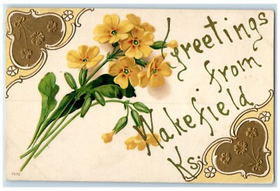 1908 Greetings From Flower Glitter Embossed Wakefield Kansas KS Vintage Postcard