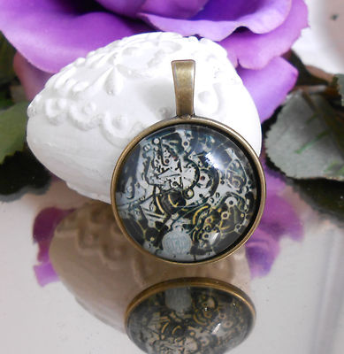 Ketten Anhänger Zeit Zahnrad Uhr Glas Cabochon 25 mm Amulett