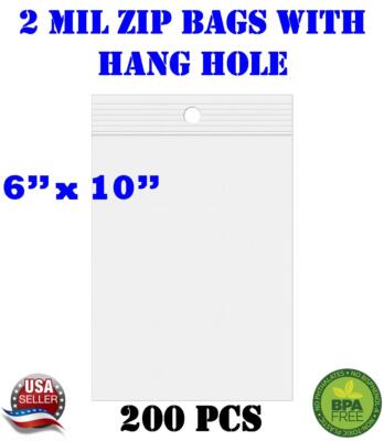 200 - 6'' x 10'' Zip Seal Reclosable 2Mil Plastic Top Lock Bags Hang Hole Jewelry