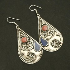 Lapis Lazuli Coral Gemstone Drop Dangle Tibetan Earrings Jewelry 2.6