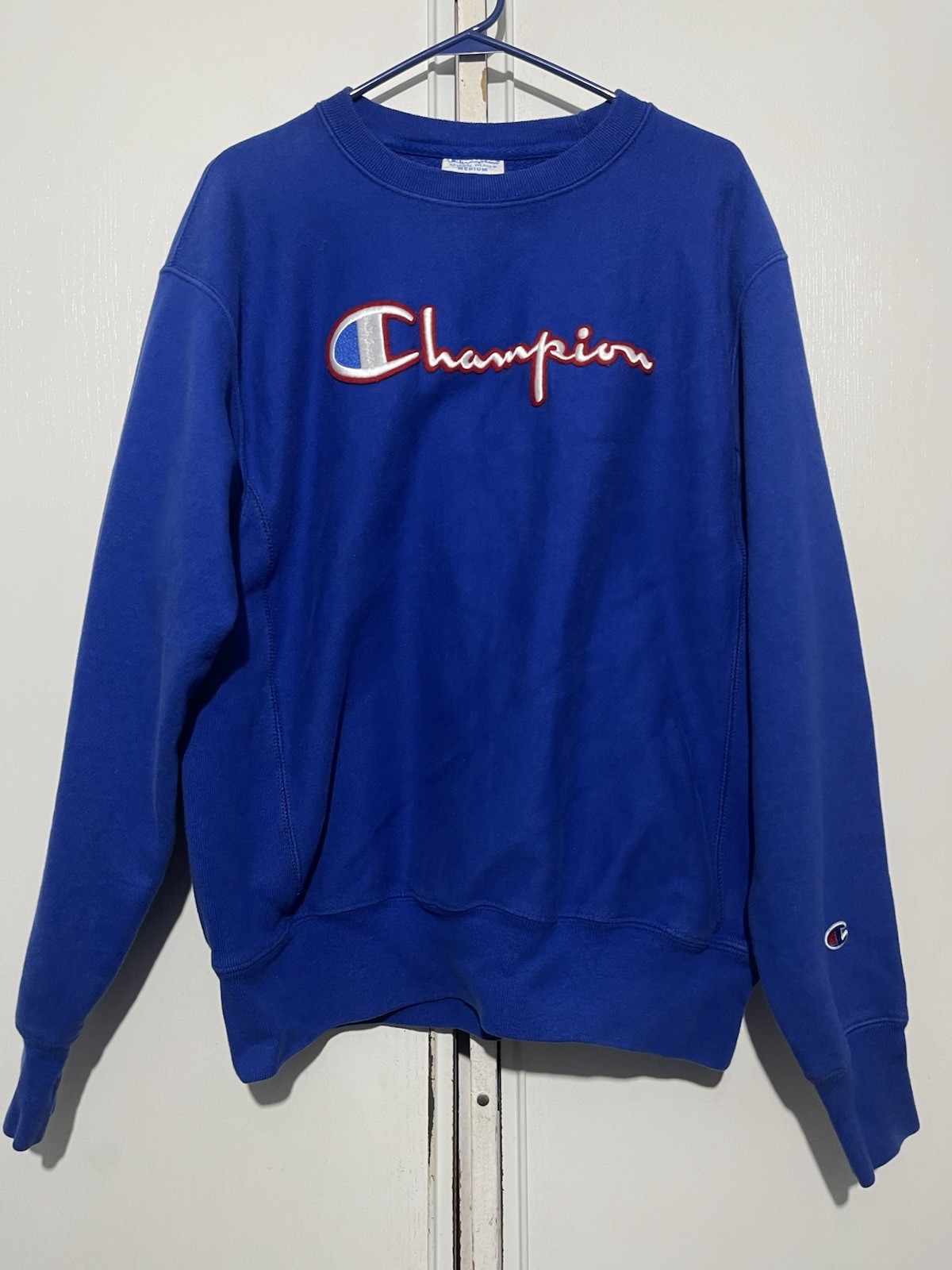 Y2K Champion Reverse Weave Pullover Men Medium Blue Spell Out Logo Embroidered