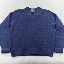 Polo Ralph Lauren Mens Navy Blue Cable Knit Cotton V-Neck Plaid Trim Sweater L