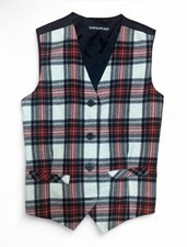 Vintage Tartan Plaid Vest Waistcoat Wool Blend Tie Back Button Front Size Small