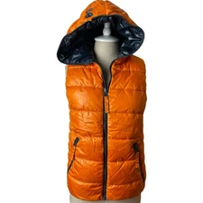 Em Polham Black Orange Full Zip Puffer Hoodie Vest Women's Size M