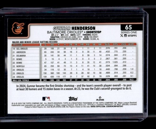 2025 Topps Gunnar Henderson Baltimore Orioles #65 Sand Glitter Quantité - Photo 2 sur 2