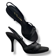 Nina Women's 9M Black Rhinestones Glitter Sparkle Strappy Slingback Heels Preppy