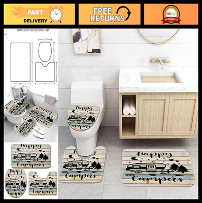 ''Happy Camper RV Bath Mat Set - Farmhouse Camping Bathroom Rug & Toilet Lid Cove