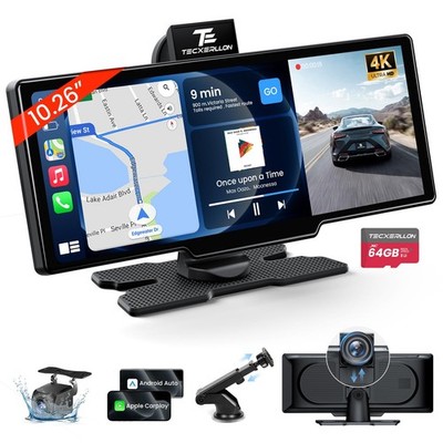 TECXERLLON 10.26'' Wireless CarPlay Screen with 4K Dash Cam & 1080P Back Cam
