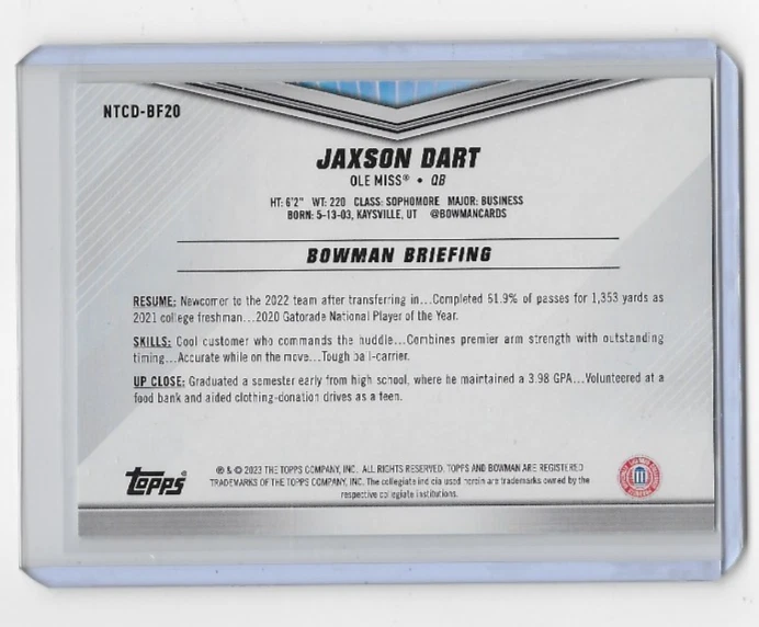 JAXSON DART NTCD-BF20 2023 TOPPS BOWMAN UNIVERSITY INTERNATIONAL TRADING CARD - Image 2 of 2