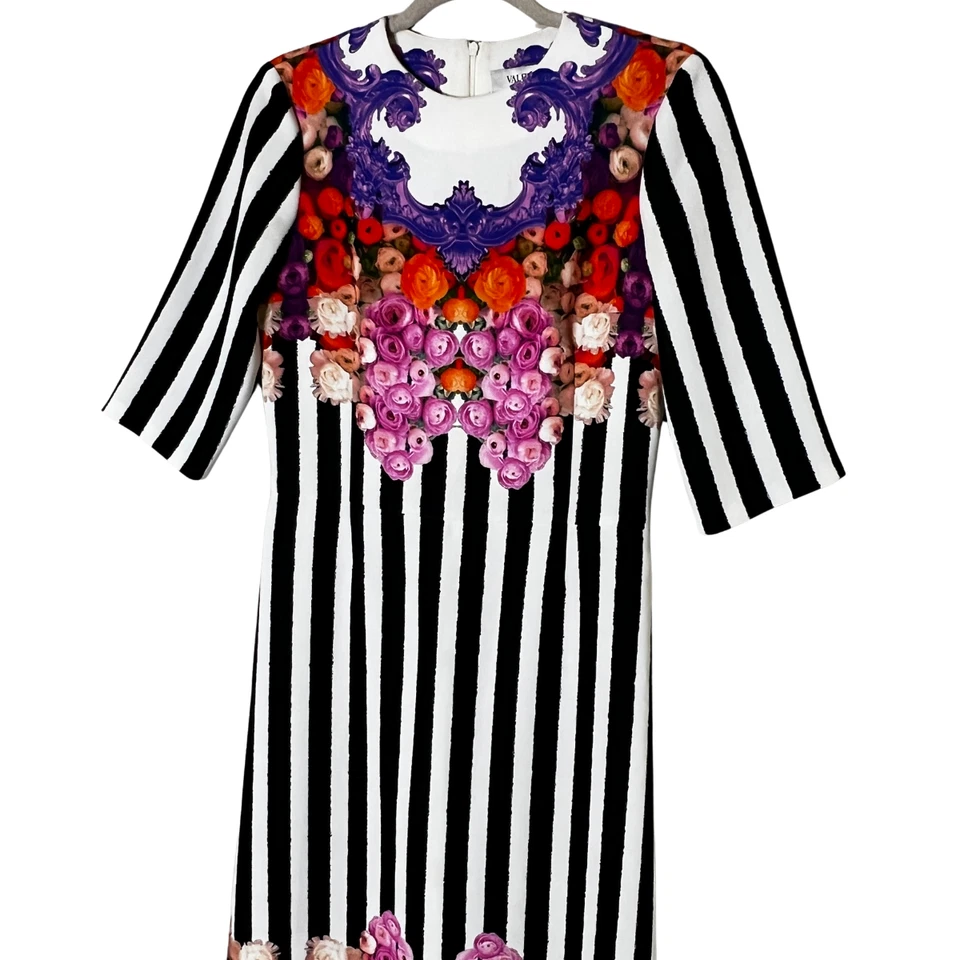 Valentino Midi Sheath Dress Medium Multicolor Floral Striped Short Sleeve Luxury - Image 2 of 4