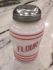 Vintage Hazel Atlas Milk Glass Beehive Flour Shaker Red Letters Original Cap