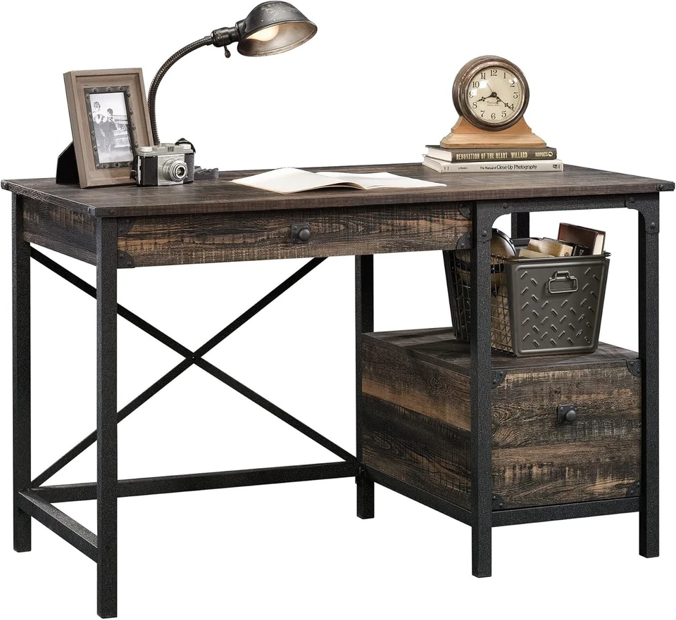 Sauder Desk Steel Metal Wood Two Drawers & Open Shelf Pedestal Desk, Carbon Oak - Image 4 of 4