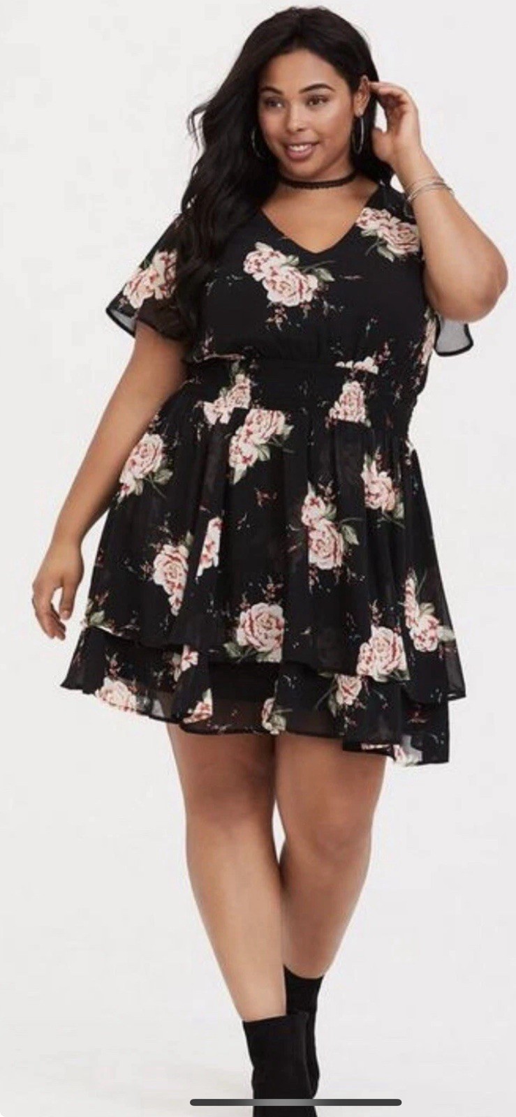 Torrid Floral Smocked Georgette Dress - Size 0- Black