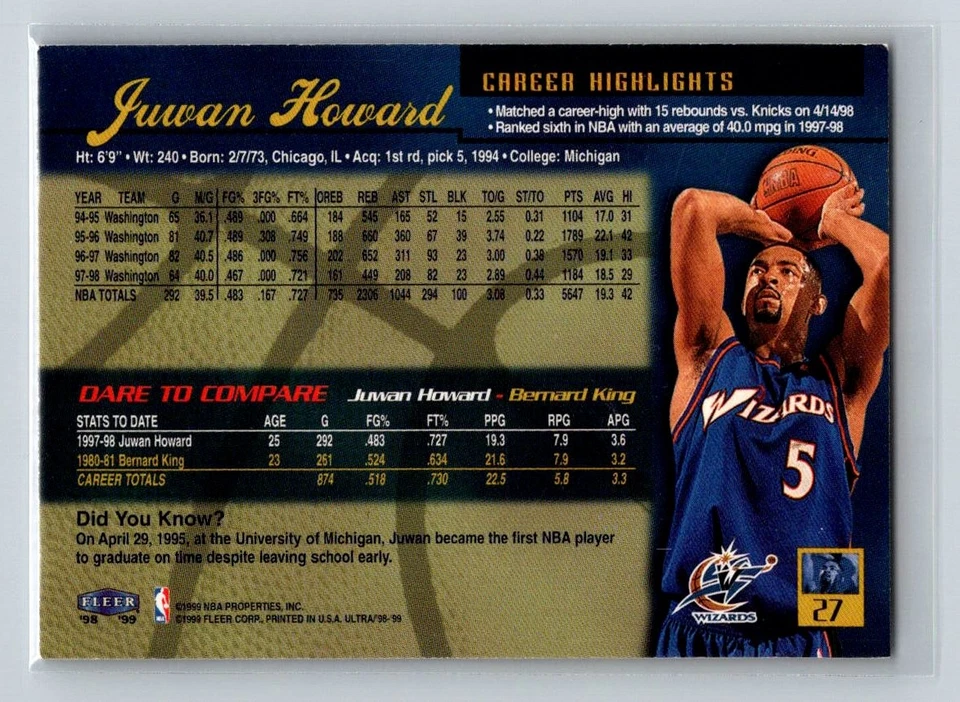 1998-99 Ultra #27 Juwan Howard Washington Wizards Basketball Card - Image 2 of 2