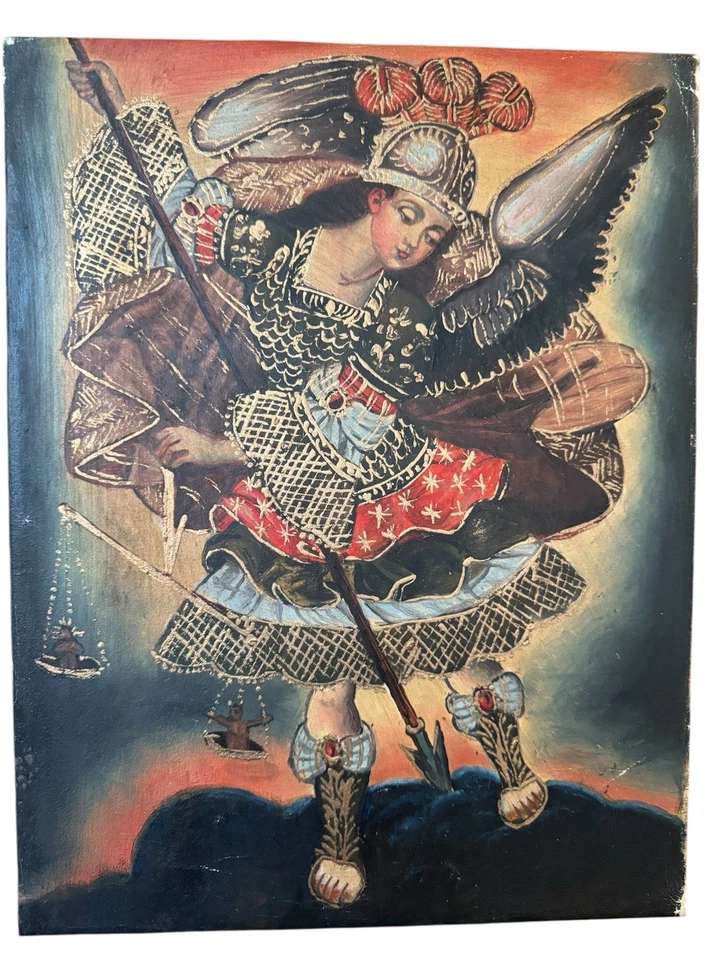 Antigua Pintura Original Arcángel San Miguel • Escuela de Arte Cusco Foto 2 de 4