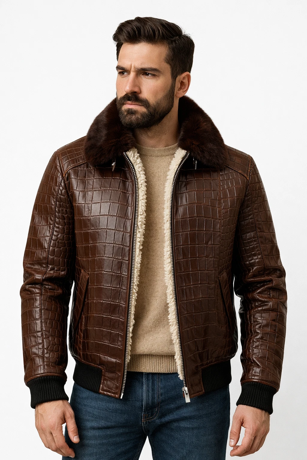 Men’s Brown Crocodile Embossed Leather Jacket Shearling Lined Winter Coat