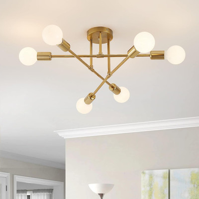 Lampara de techo semi empotrada 6 luces estilo moderno Sputnik oro sala y cocina