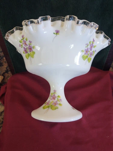 Beautiful Vintage FENTON Tall Ruffled Edged CANDY DISH Violets Signed 6 1/4”Tall