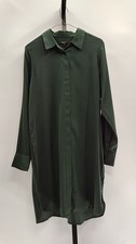 Quince Women Washable Stretch Silk Shirt Dress Forest Green Basic Sleeved M
