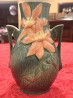 Lovely Roseville Clematis Double Handled Forest Green Pink Floral Vase 1944 #169