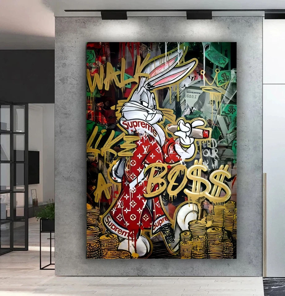 BANKSY STYLE BUGS BUNNY BOSS GRAFFITTI FRAMED CANVAS WALL ART OR POSTER PRINT