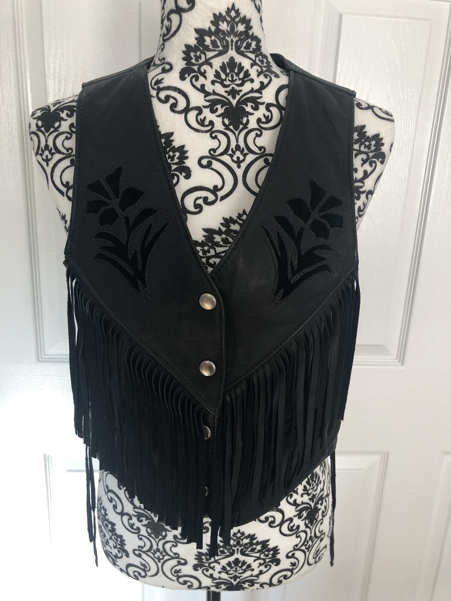 Kerr Leather Motorcycle Vest Vintage Concho Fringe Border Floral Flower  Women L