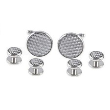 Carbon Fiber Grey Silver Cufflinks Studs Tuxedo Set in Presentation Box