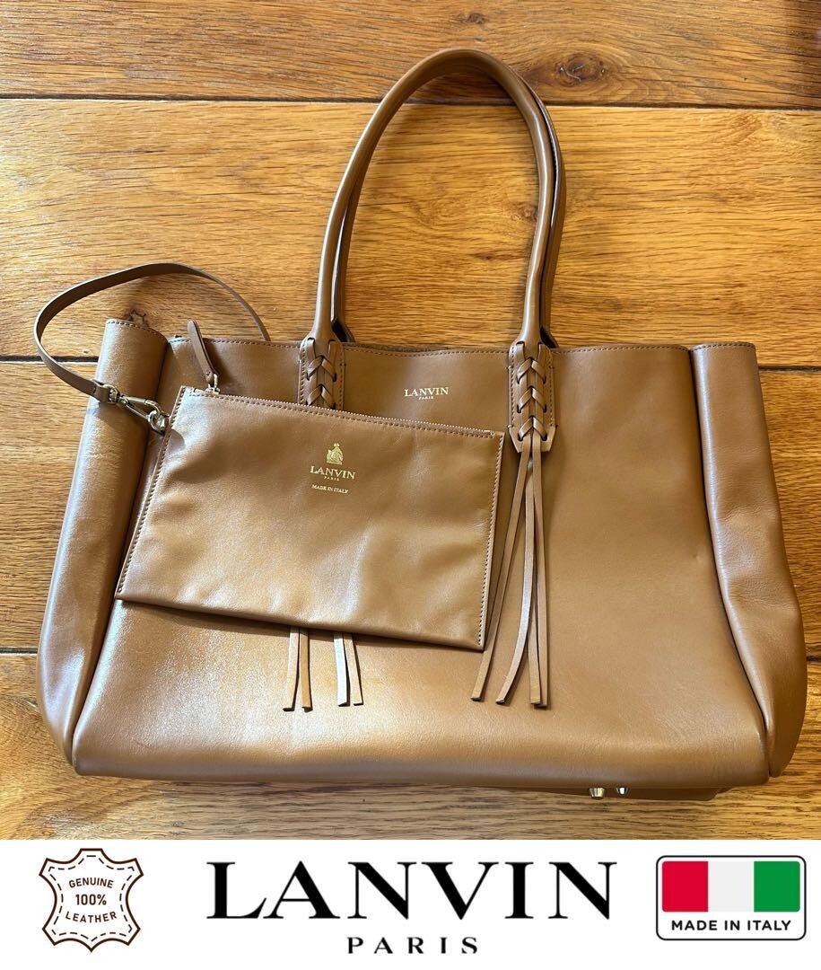 LANVIN PARIS Calfskin Leather Tote Bag Fringed-handle Shopper 