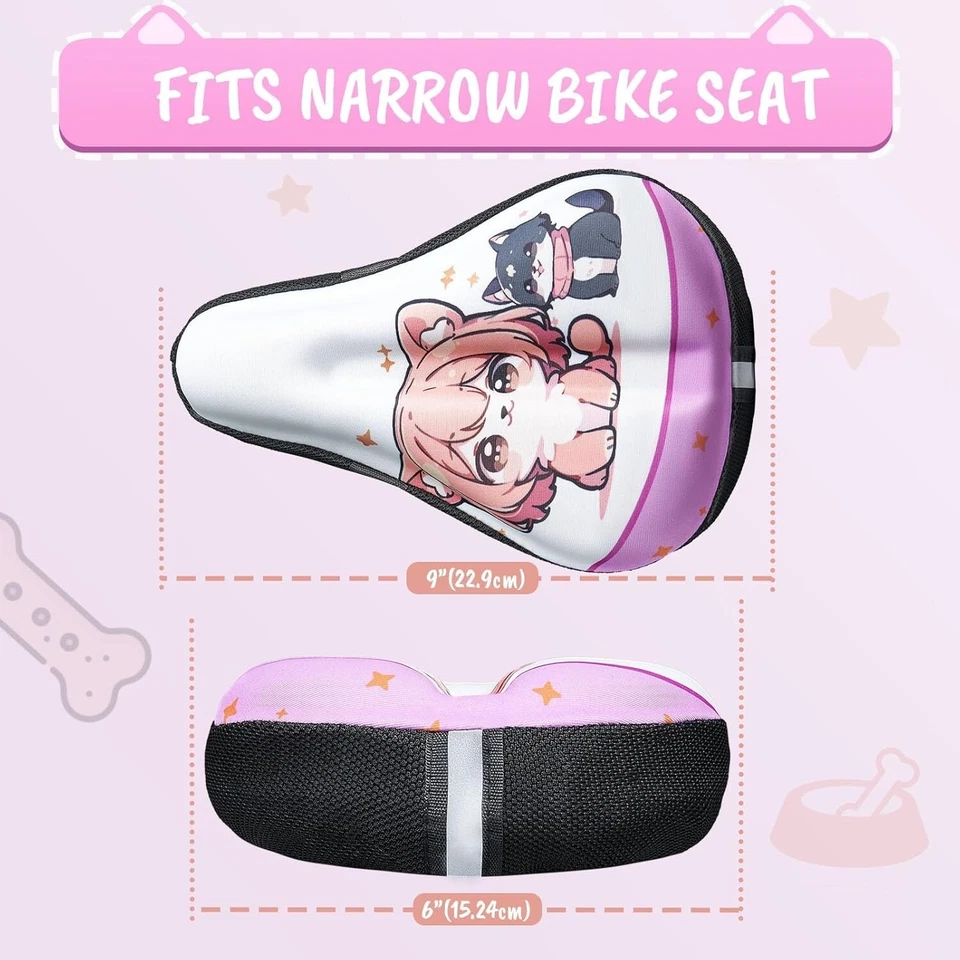 Cojín de asiento de bicicleta para niños, funda acolchada de gel con estampado de personajes de anime, rosa y W Foto 2 de 4