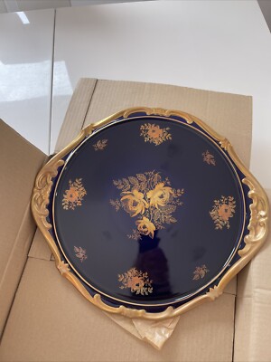Weimar Katharina Round Cobalt/Gold-Floral Cake Platter W Handles- Brand New