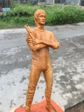 8" Bluce Cypress Wood Carved Kong Fu Statue Tribute Figurine Figure Decor