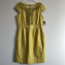 NEW Taylor Olive Green Pleated Short Sleeve Linen Shift Midi Dress Ruffle Sz 10