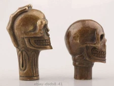 Antique Collectable 2pc Bronze Unique Skull Statue Walking Stick Head