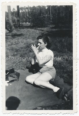Young Woman on Picnic Blanket Dressing Up with Lipstick - Vintage Photo 1950s