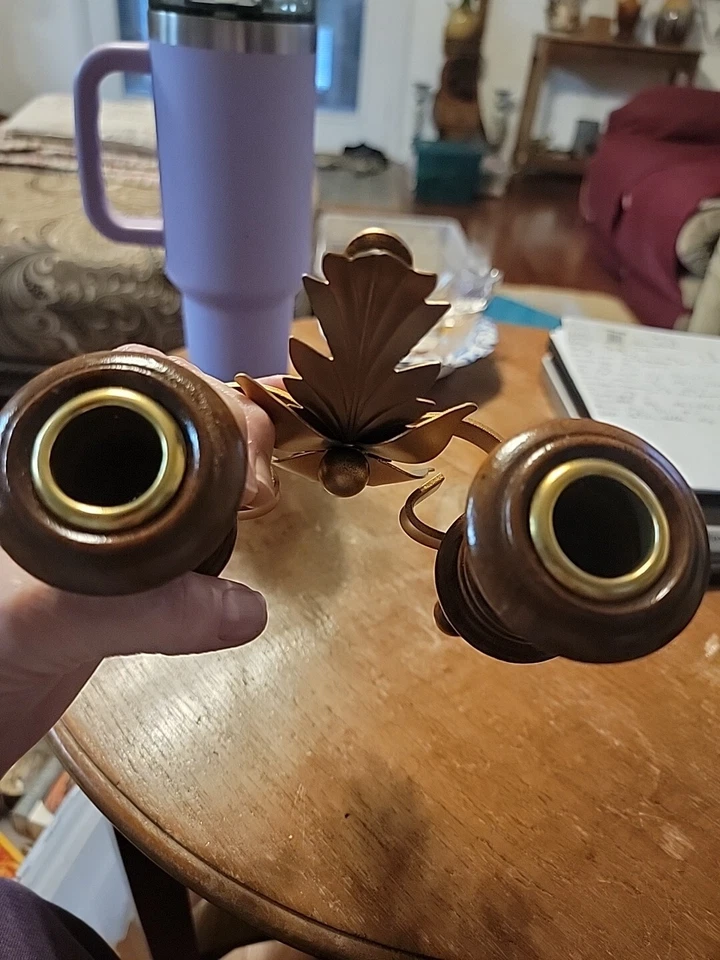 Vintage Wood and Gold Tone Metal Wall Sconce Candle Holder Home Decor Floral 7" - Image 3 of 4