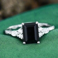 3.40Crt Emerald Cut Natural Black Onyx  Diamond Ring 100 14k SOLID White Gold