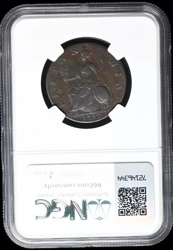 GREAT BRITAIN. King George II, 1752 AD England Halfpenny 1/2p, 1727-1760, NGC XF - Image 4 of 4