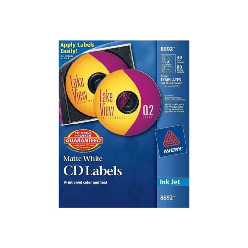 Open Package Avery 8692 étiquettes CD/DVD blanches : 32 étiquettes de disque et 64 étiquettes colonne vertébrale - Photo 1/2